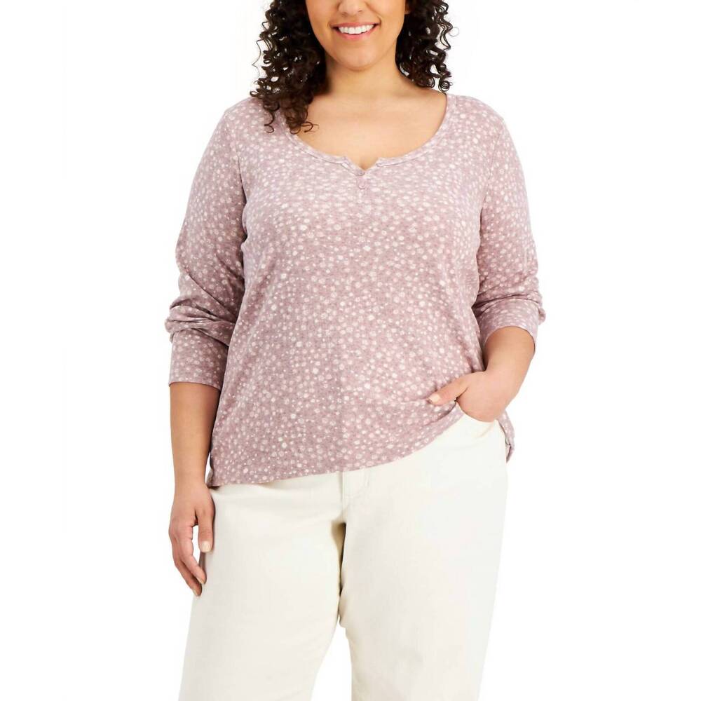 NEW HIPPIE ROSE trendy plus size printed henley neck top in mauve ditsy